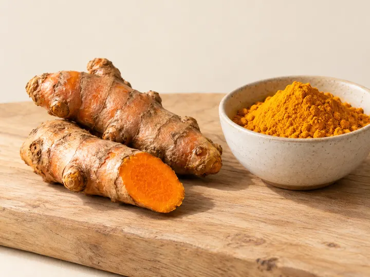 Deux rhizomes de curcuma frais posés sur une planche en bois, dont l’un est coupé et montre sa chair orange vif, à côté d’un bol en céramique rempli de curcuma en poudre.