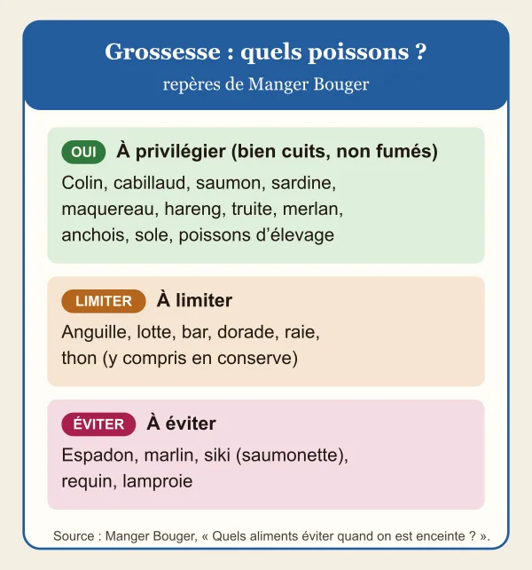 Repères de Manger Bouger pendant la grossesse : poissons à privilégier, bien cuits et non fumés, comme le colin, le cabillaud, le saumon, la sardine, le maquereau, le hareng, la truite, le merlan, l’anchois, la sole et les poissons d’élevage ; à limiter, l’anguille, la lotte, le bar, la dorade, la raie et le thon, y compris en conserve ; à éviter, l’espadon, le marlin, le siki, le requin et la lamproie.